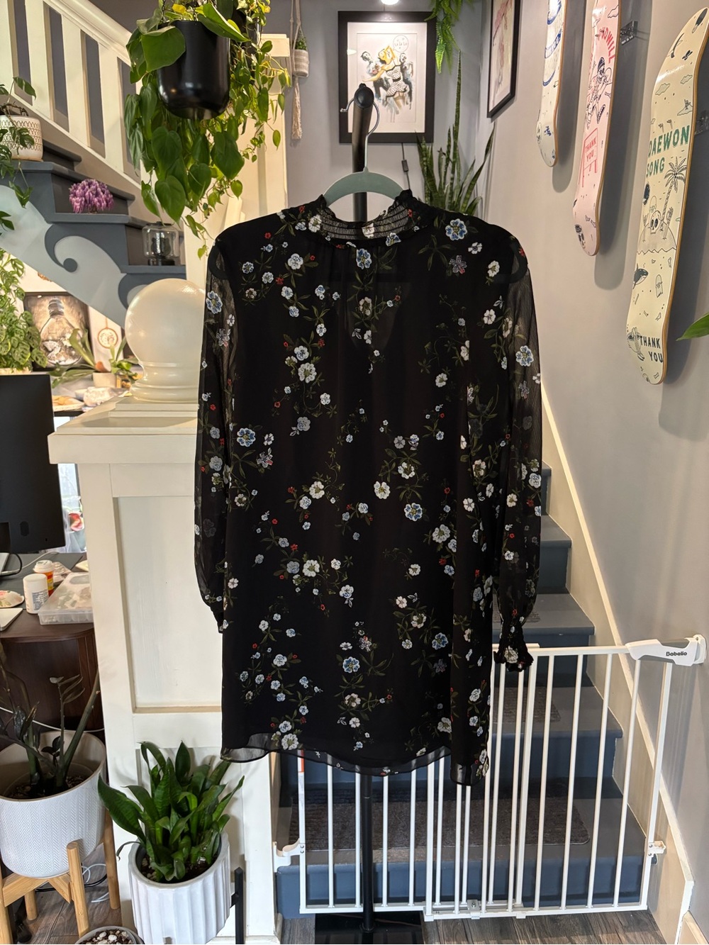 H&M Black Floral Mini Dress with White and Blue Flowers